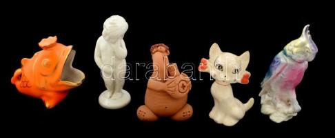 5 db vegyes kerámia és porcelán figura(cica, papagáj, hal, puttó, stb.)