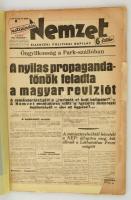 1938 Nemzet Ellenzéki Politikai Napilap, 1938. február 1.- 23., II. évfolyam 25.-43 számok, Szerk.: Dr. Berényi Sándor, egybekötve, viseltes papírkötésben, a 25 szám rosz állapotban, a 43. szám utolsó lapja hiányzik, a többi szám változó, többnyire szakadozott állapotban. Két évfolyamot megért ellenzéki napilap 1937-38 között.