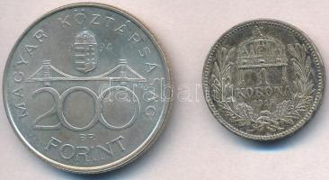 1915KB 1K Ag "Ferenc József" + 1994. 200Ft Ag "Deák" T:2 patina