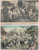 5 db RÉGI folklór motívumlap: 2 pöstyénfürdői népviseletet bemutató lap K. Janovsky aláírásával, 2 r...
