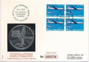 Svájc 1969. "50 éves a svájci légiposta" Ag emlékérem bélyegea levelezőlapon (5g/0.900/45mm) T:1 Switzerland 1969. "50th Anniversary - Swiss Airmail" Ag commemorative medallion on postcard with stamps (5g/0.900/45mm) C:UNC