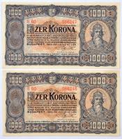1923. 1000K (2x) sorszámkövetők, T.W. jelöléssel T:I / Hungary 1923. 1000 Korona (2x) sequnetial serials, with T.W. mark C:UNC Adamo K37