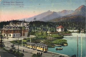 Tátra, Magas Tátra, Vysoké Tatry; Csorba tó, csónakázók, villamos / lake, boats, tram (ragasztónyomok / gluemarks)