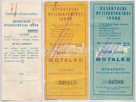 DN "Ásványolaj Nyilvántartási Iroda" utalvány 100 illetve 200 liter Motalko-ról (3xklf), kettőn bélyegzés, mindhárom "Ásványolaj Nyilvántartási Iroda" szárazpecséttel T:II-III fo.
