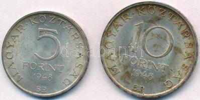 1948. 5Ft Ag "Petőfi" + 10Ft Ag "Széchenyi" T:2 apró ph., patina 
Adamo EM1; EM...