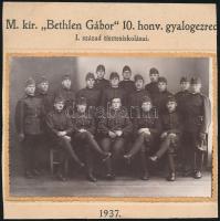 1937 a m. kir. Bethlen Gábor 10. honvéd gyalogezred 1. szd. tisztesiskolái, csoportkép, feliratozva, kartonra ragasztva, 18,5×18,5 cm