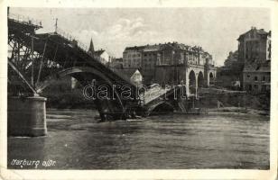 Maribor, Marburg; Stari Most / Reichsbrücke, Draupartie / The Old Bridge damaged by the Germans in the WWII, river, H. Sax (kis szakadás / small tear)