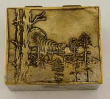 Rezezett alpakka doboz, fajdkakas az ágon fedőképpel, kopott, jelzés nélkül, 10×8 cm