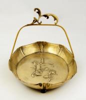 Szecessziós füles kosár, jelzés nélkül, rezezett alpakka, 27×19 cm, m:19 cm