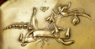 Szecessziós füles kosár, jelzés nélkül, rezezett alpakka, 27×19 cm, m:19 cm