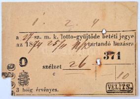 1874. 27. sz. m. k. lotto-gyüjtöde betéti jegye T:III,III- ly., sarokhiány /  Hungary 1874. Deposit ticket for the 27th lottery C:F,VG hole, missing corner
