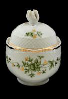 Hollóházi Erika mintás porcelán bonbonier, matricás, hibátlan, jelzett, m: 10 cm
