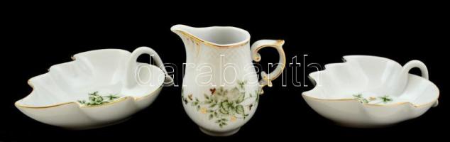 Hollóházi Erika mintás porcelán dísztál(2 db) + kiöntő, hibátlanok, jelzettek, 13x10 és 9 cm