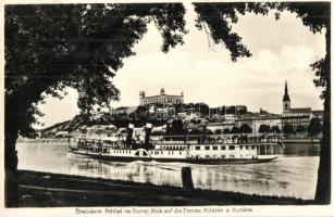 Pozsony, Pressburg, Bratislava; kilátás a Dunára, vár, gőzhajó / view, river, castle, steamship (EK)