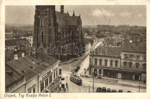 Újvidék, Novi Sad; Péter király út, villamos, templom / Ulica Kralja Petra / street, tram, church (kopott sarkak / worn corners)