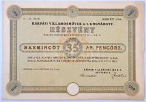 Ungvár 1940. "Kárpáti Villamosművek R.T. Ungvárott" részvény 35P-ről, szárazpecséttel T:I- /  Hungary / Ungvár 1940. "Carpathian Electric Company in Ungvár" share about 35 Pengő, with embossed stamp C:AU