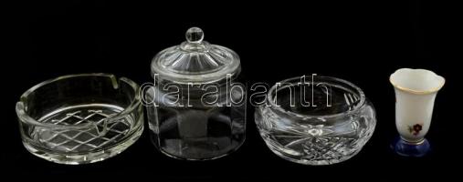 3 db kis üveg tálkák, porcelán fogpiszkáló tartó, hibátlanok, m:8 cm, d:8-9 cm