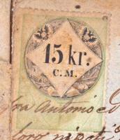 1857 Osztrák okmány 15kr C.M. okmánybélyeggel