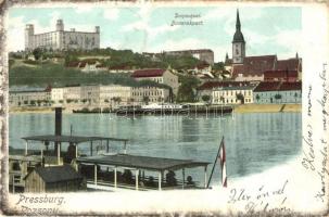 Pozsony, Pressburg, Bratislava; Duna rakpart, gőzhajók, vár / quay, river bank, steamships, castle