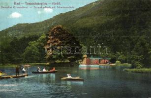 Trencsénteplic-fürdő, Trencianske Teplice; Baracskai tó, uszoda, hátoldalon ápolási bélyegzőkkel / lake, swimming pool