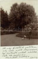 1902 Eperjes, Presov; park vadásszal és vadászkutyával / park, hunter, photo