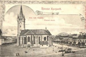 Eperjes, Presov; Római katolikus templom, Fő utcai részlet piaccal, Divald / church, main street with market, Art Nouveau