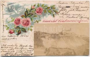 1900 Fraknóváralja, Forchtenstein; virágos litho üdvözlőlapra ragasztott fotó a várról / castle, photo glued onto floral litho greeting card (EK)