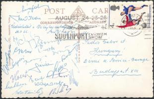 1966 A brazilverő magyar labdarúgó válogatott tagjainak aláírása az angliai VB-ről küldött képeslapon: Albert, Mátrai, Bene, Farkas, Mészöly