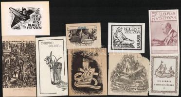 9 db különféle ex libris, fametszet ill. klisé, papír, egy részük jelzett, különböző méretben