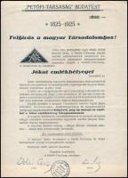 Petőfi Társaság felhívása a Jókai emlékek tárgyában: sorsjegy, emléklap 7 klf levélzáró R!