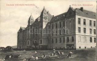 Csíkszereda, Miercurea Ciuc; Római katolikus gimnázium, útépítés az előtérben, kiadja Szvoboda Miklós / Roman catholic grammar school, road construction