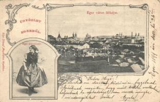 1899 Eger, Város látképe egri menyecskével, folklór, Kiss József fényképész kiadása, Art Nouveau