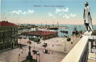 Trieste, Piazza e molo Giuseppino / square, molo, railway wagons, loading station, lighthouse, statue (EK)