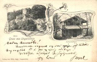 Uhercice, Ungarschitz; Ruine, Schweizerhaus. Verlag von Wilh. Sagl / castle ruins, Villa, Art Nouveau