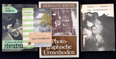 4 db fotós könyv: Százt fotórecept; Fényképezés; Hogyan (ne) bánjunk (el) régi fényképeinkkel?; Photographische Urmethoden. Példányonként változó, nagyrészt jó állapotban.