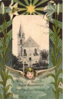 Marosvásárhely, Targu Mures; Református templom, Holbach Ede kiadása / Calvinist church, angel Art Nouveau litho