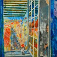 Gulyás Dénes (1927-2003): Önarckép műtermi kilátással. (Bródy Sándor utca a Gutenberg tér felől). Olaj, farost, jelzett, 98×98 cm