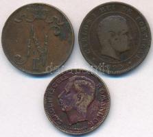 Vegyes: Finnország 1908. 5p Cu + Portugália 1892. 10r Br "I. Károly" + Románia 1930. 10L N...