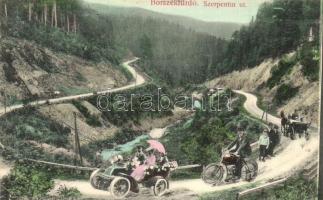 Borszékfürdő, Borsec; Szerpentin út, autós-kerékpáros montázslap. Soós kiadása / road, montage with automobile and bicycle