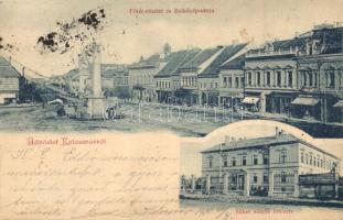 Kolozsvár, Cluj; Fő tér részlet és Belközép utca, Süketnémák intézete, Tamási Tamás és Fia és Bányai Sámuel és Fia üzlete, Wolfs J. Gyógyszertára / main square and street, Deaf-mute Institute, shops, pharmacy