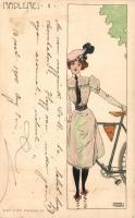 Radlerei I. B&S Wien Serie No. 1044. / Lady with bicycle, Art Nouveau postcard s: Raphael Kirchner