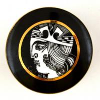 Hollóházi Szász Endre által tervezett mintával díszített tégely, matricás, hibátlan, jelzett, 5,5x6 ...