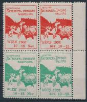 1906 Foxterrier és Tacskó kiállítás magyar-német piros-zöld levélzáró ívszéli négyestömb