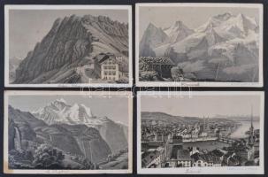 cca 1870 Svájc 4 db feliratozott városkép, R. Dikenmann, Zurich, 6x10 cm. / Paris, Switzerland 4 photo gravure, R. Dikenmann, Zurich, 7x11 cm