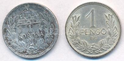 1915KB 1K Ag "Ferenc József" + 1939. 1P Ag T:2,2- patina