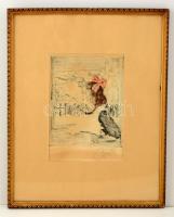 Csók István (1865-1961) - Prihoda István (1891-1956): Züzü az ablakban. Színezett rézkarc, papír, jelzett (Csók), üvegezett keretben, foltos, 23×19 cm