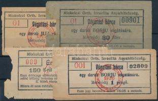 Miskolc 1926-1932. "Miskolczi Orthodox Izraelita Hitközség" 4db vágatási bárca és értékjegy T:III szakadás