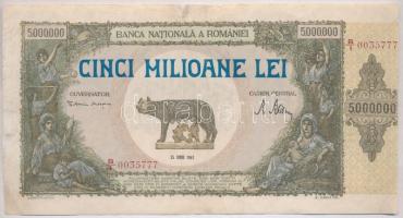 Románia 1947. 5.000.000L vízjeles papíron T:restaurált
Romania 1947. 5.000.000 Lei white watermark ...