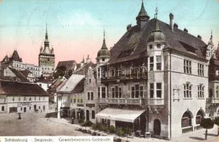 Segesvár, Schassburg, Sighisoara; Gewerbevereins-Gebäude / Iparpalota, gyógyszertár, Fazekas üzlete, W. Nagy kiadása / trade palace, pharmacy, shops (tűnyomok / pinholes)