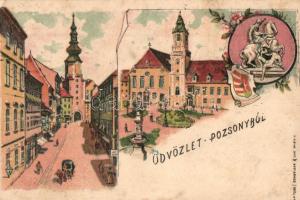 Pozsony, Pressburg, Bratislava; Fő tér, városháza, utcarészlet / main square, town hall, street, floral, Schneider & Lux litho (EK)